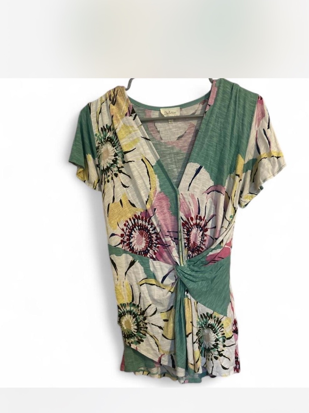Deletta Green Floral V-Neck Twist Top